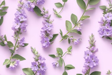 Sticker - Angelonia pattern on soft lilac pastel background, top down view