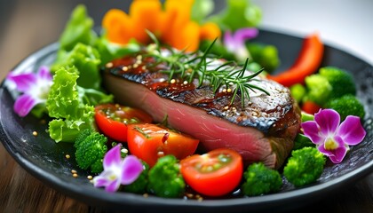 Gourmet beef tenderloin accompanied by vibrant vegetables and delicate flowers