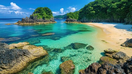 Sticker - Tranquil Cove with Lush Greenery and Crystal Clear Water