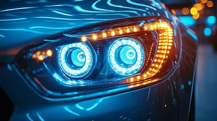 Close-up of a Car's Headlights with Blue and Orange LEDs