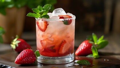 Wall Mural - Vibrant strawberry cocktail infused with ice and fresh mint