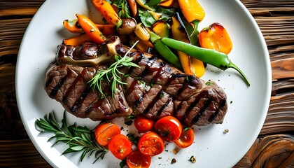 Savory beef steak accompanied by grilled vegetables and fresh herbs on a pristine white plate, captured from above.