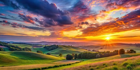 Wall Mural - Vibrant sunset over a tranquil landscape with rolling hills and colorful sky, sunset, landscape, sky, vibrant, colorful, nature