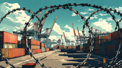 A shipping port with idle cranes and cargo containers surrounded by barbed wire creates striking industrial scene. vibrant colors and detailed structures evoke sense of activity and security