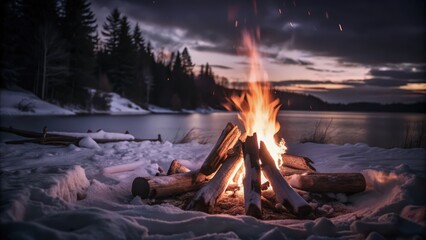 Campfire Burning on a Snowy Lake Shore at Twilight