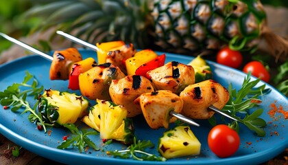 Savory grilled chicken skewers paired with pineapple and colorful vegetables on a vibrant blue plate