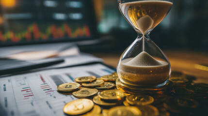 Wall Mural - An hourglass with sand slipping through symbolizes passage of time, surrounded by coins and financial charts, reflecting urgency in financial decisions