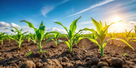 Wall Mural - Green small corn sprouts growing in a cultivated agricultural field, low angle view, corn, agriculture, cultivation, farm, field