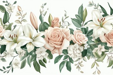 Wall Mural - Elegant floral ornament pattern featuring roses and lilies for decorative design