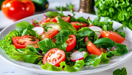 Wall Mural - Vibrant salad showcasing ripe tomatoes, fresh greens, and fragrant herbs on a pristine white plate