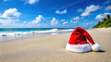 Santa hat on the tropical beach , Christmas, holiday, Santa Claus, beach, tropical, vacation, festive, celebration, sand, ocean, season