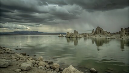 Cloudy Sky Over Mono Lake With Rock Formations