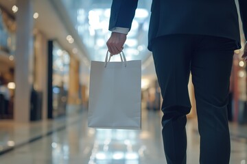 Close up shot of a business man carrying a white paper bag, side on shot, in a shopping mall Paper bag for mockup