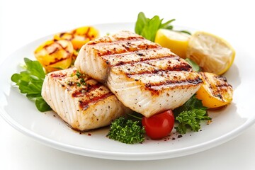 Delicious grilled mahi-mahi served with lemon wedges, grilled vegetables, and fresh herbs on a white plate.