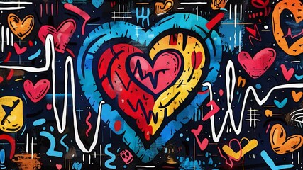 Poster - The artwork features a striking heart illustration surrounded by colorful elements and heartbeat lines, expressing a dynamic blend of emotions and creativity.