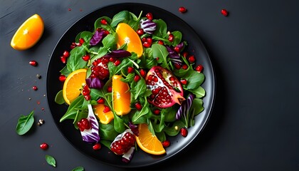 Wall Mural - Vibrant salad featuring orange slices, pomegranate, and fresh herbs elegantly presented on a black plate against a dark backdrop