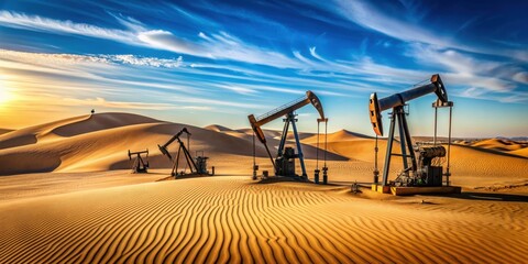 Oil pumps in the desert with sand dunes and blue sky background, oil pumps, desert, sand dunes, blue sky, arid