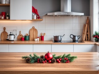 Wall Mural - Wooden tabletop and Christmas decoration on blurred modern kitchen. Stay at Home.