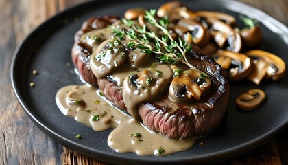 Wall Mural - Juicy beef steak drizzled with rich mushroom sauce and garnished with fresh thyme