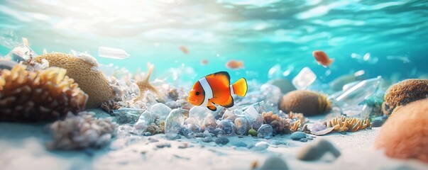 Canvas Print - Clownfish swimming among plastic pollution in the ocean.