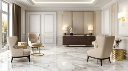 Wall Mural - Modern interior design featuring elegant furniture and marble flooring, creating a luxurious and inviting atmosphere.