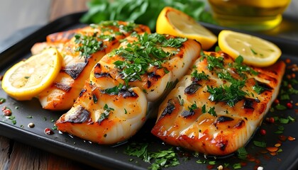 Wall Mural - Citrusy grilled fish fillet garnished with fresh herbs