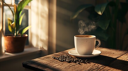 Warm morning sunlight shining on a fresh cup of coffee