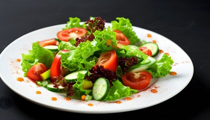 Wall Mural - Colorful salad creation featuring fresh lettuce, tomatoes, cucumbers, and bell peppers elegantly presented on a white plate by a skilled waiter