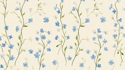 Pattern of blue flowers and green leaves on a light yellow background. The flowers are arranged in a floral design that repeats throughout the fabric.