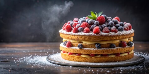 Wall Mural - Layered cake or pie covered with fresh berries and powdered sugar on a dark textured background, dessert, delicious, cake