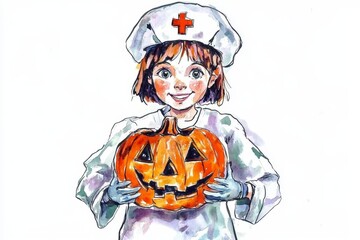 Wall Mural - Nurse Halloween Costume Watercolor Illustration. A young girl dressed as a nurse for Halloween, holding a carved pumpkin, smiling and looking at the camera.