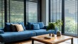 © Lucky Ai - Modern living room with blue sofa, wooden coffee table, and large windows with blinds