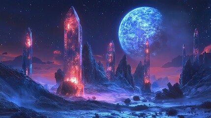 Sticker - Crystal Towers on an Alien World with a Blue Moon