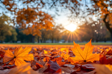 Wall Mural - Orange fall leaves in park, autumn natural background