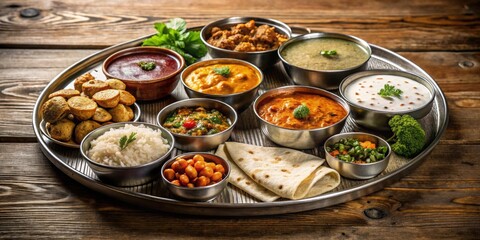 Traditional Indian thali spread on a wooden table, Indian, food, cuisine, vibrant, colorful, assortment, assortment, vegetarian