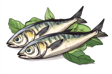 Two fresh Saba Mackerel fish with green leaves, perfect for Japanese food illustrations, recipes, and culinary designs.