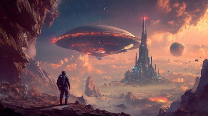 Wall Mural - astronaut gazes at a futuristic city and spaceship