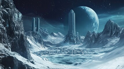 Sticker - Futuristic City on an Icy Planet with a Giant Moon