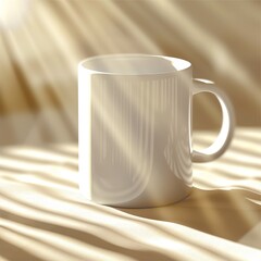 Wall Mural - A white ceramic mug on a striped fabric surface illuminated by sunlight