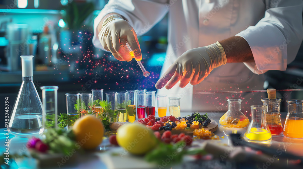 Chef in a futuristic food laboratory adding ingredients to test tubes ...