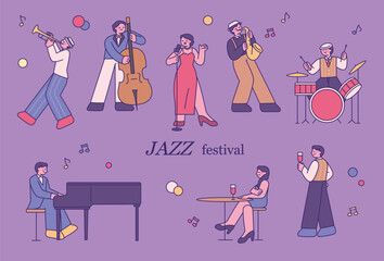 Poster - A band is performing at a jazz bar. A jazz singer is singing. Customers are sitting at tables. A waiter is serving.