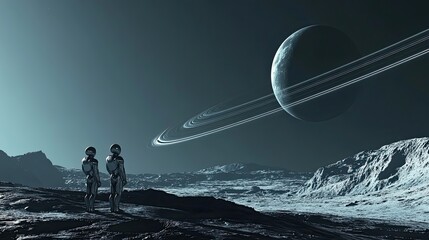 Wall Mural - two astronauts gaze at a ringed planet in a distant solar system