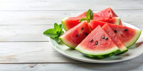 Wall Mural - Fresh watermelon slices on a white plate, summertime, refreshing, healthy, juicy, tropical, ripe, red, fruit, sweet, snack