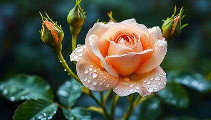 Wall Mural - Delicate peach rose adorned with glistening water droplets and shimmering golden leaves in a stunning close-up view