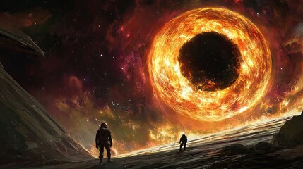 Wall Mural - astronauts contemplating a fiery cosmic ring in a starry sky