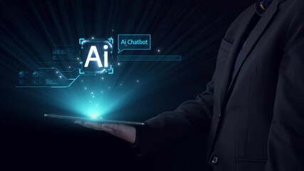 Poster - human interact with ai artificial intelligence virtual assistant chatbot in concept of ai artificial