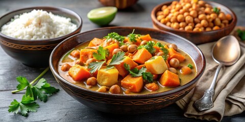 Wall Mural - Fragrant curry with sweet potatoes, chickpeas, and coconut milk , food, vegetarian, curry, Indian, spicy, flavorful