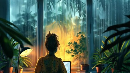 Aufkleber - A woman sits at a wooden desk illuminated by a lamp, surrounded by lush greenery, focused on her laptop as a colorful sunset casts a warm glow through the window.