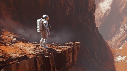 Wall Mural - astronaut standing on a cliff edge on a red planet