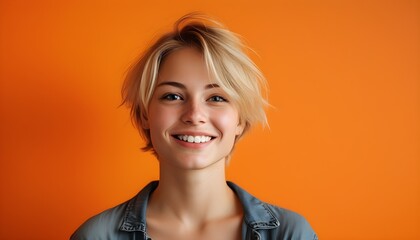 Canvas Print - Cheerful young woman with short blond hair radiating joy against a vibrant orange backdrop